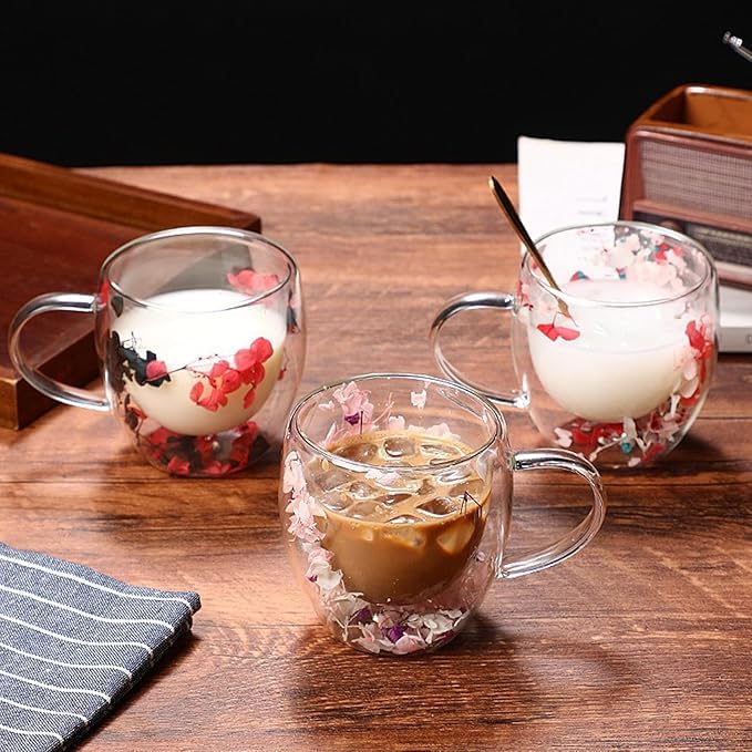 Image of PrimeWorld Double Wall Glass Coffee Mugs with Handle - Set of 2, 250ml Clear Flower Design Tea Cups | Insulated Glass Mugs for Hot & Cold Beverages, Cappuccino, Latte, Espresso, Tea (Red & Pink)