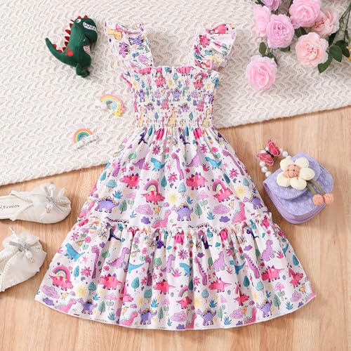 Toddler Girl Dress Kids Ruffle Sleeve Floral Smocked Sundress Sleeveless Swing Tiered Dresses 2-8 Years3