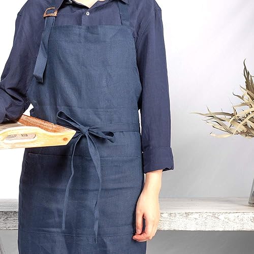 Miniatura 8 de ATLINIA 100% Linen Apron with Buttons Adjustable Bib Apron with Pockets Linen Half Apron Bistro Apron