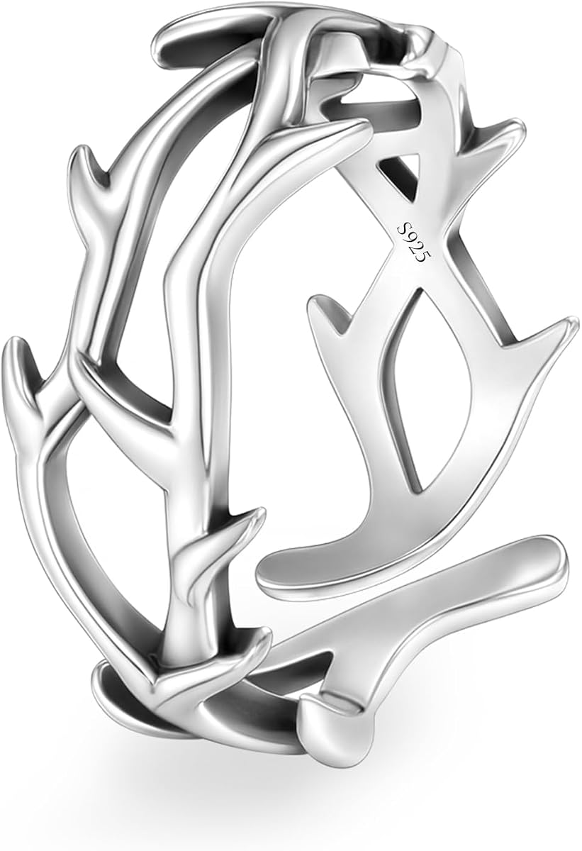 Anillo de corona de espinas irregular de plata de ley 925 para hombres mujeres Anillo de rama ajustable Joyería gótica