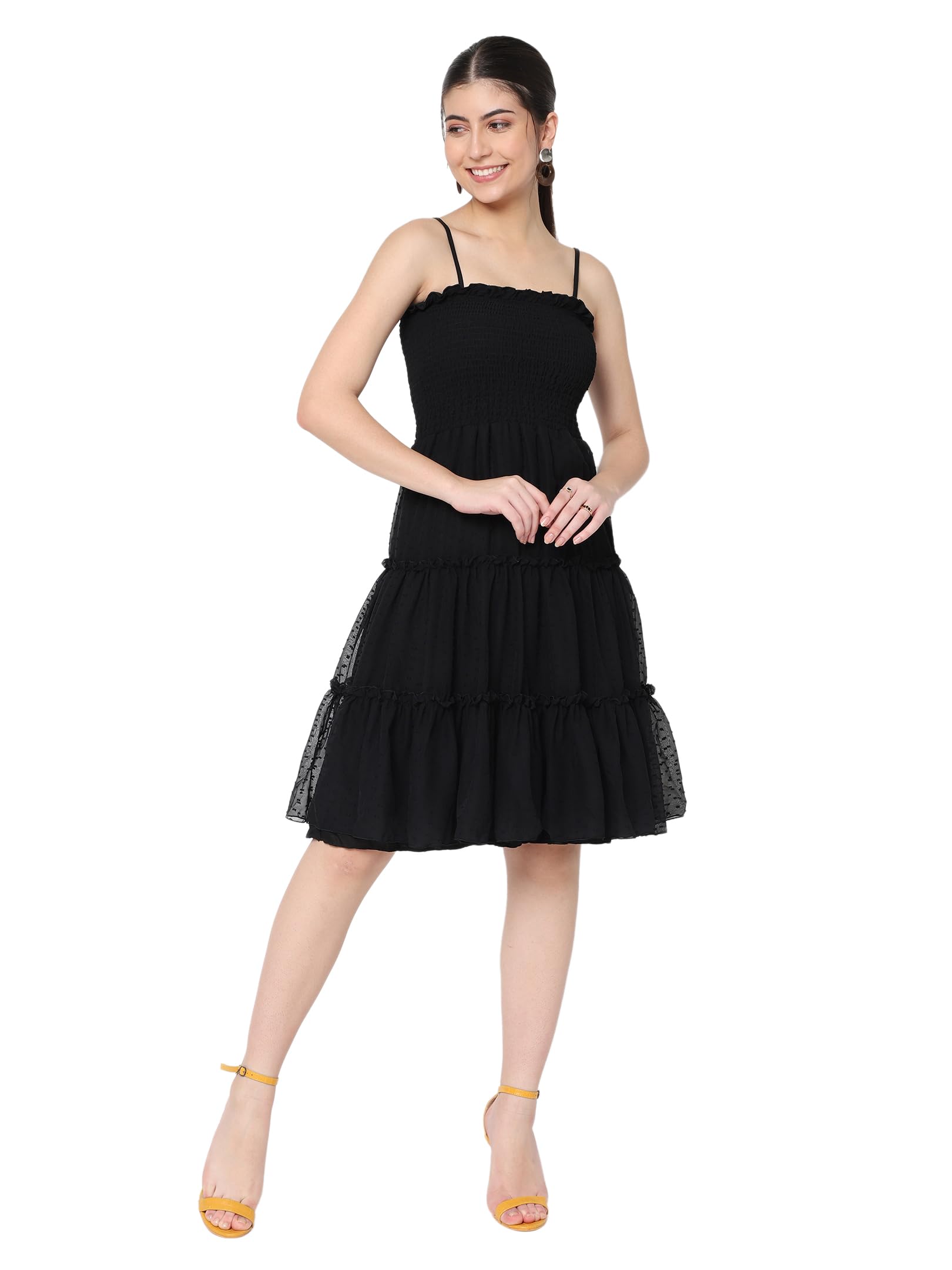 Avanova Jacquard Georgette Butti Black Off Shoulder Knee Length Western Dresses For Women (Dress 74 Black 2Xl)