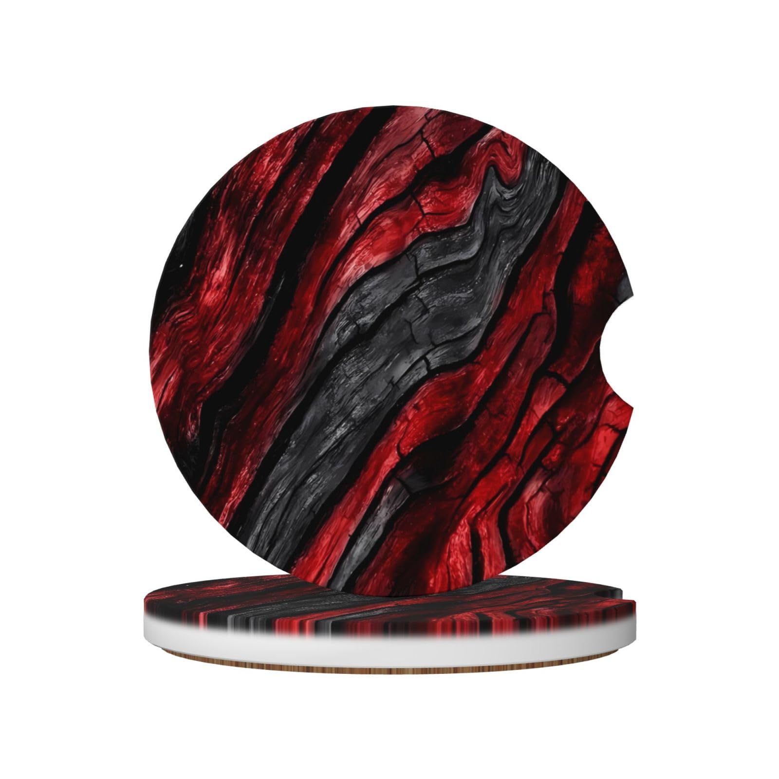 Black Red Wood Grain Absorbent Car Coasters for Cup Holders, 2 Pack Ceramic Car Cup Holder Coaster with Cork Back and Finger Slot Cute Auto