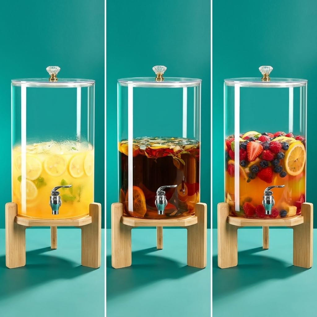 Dispensador Bebidas Vidrio Estilo, 4.5L + grifo + base bambú