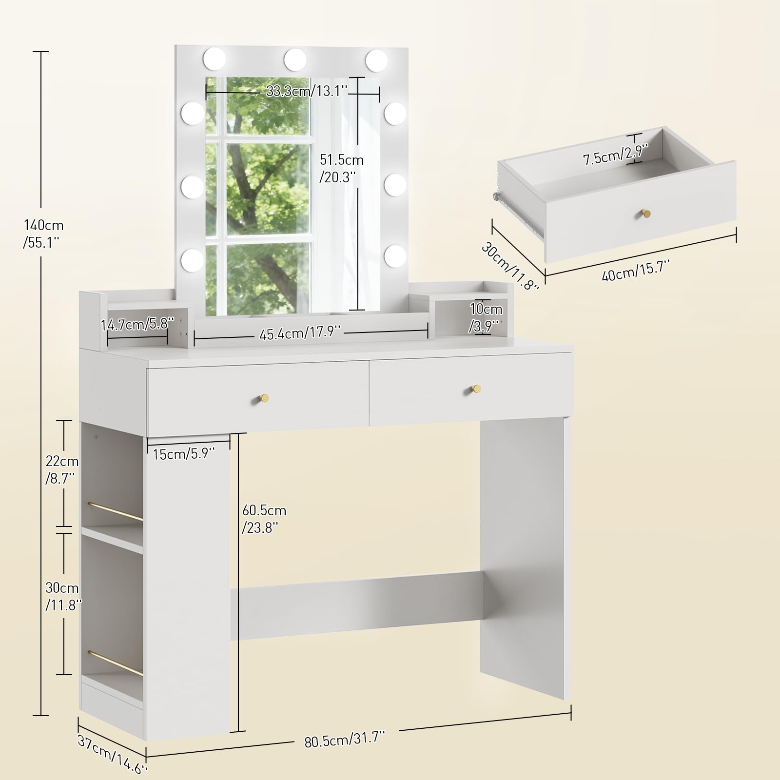 RALGEND Toeletta Trucco con Specchio e LED Regolabili, Postazione Trucco da Bianca con Cassetti e Scomparti Aperti, Tavolo per Camera da Letto e Spogliatoio, Bianco
