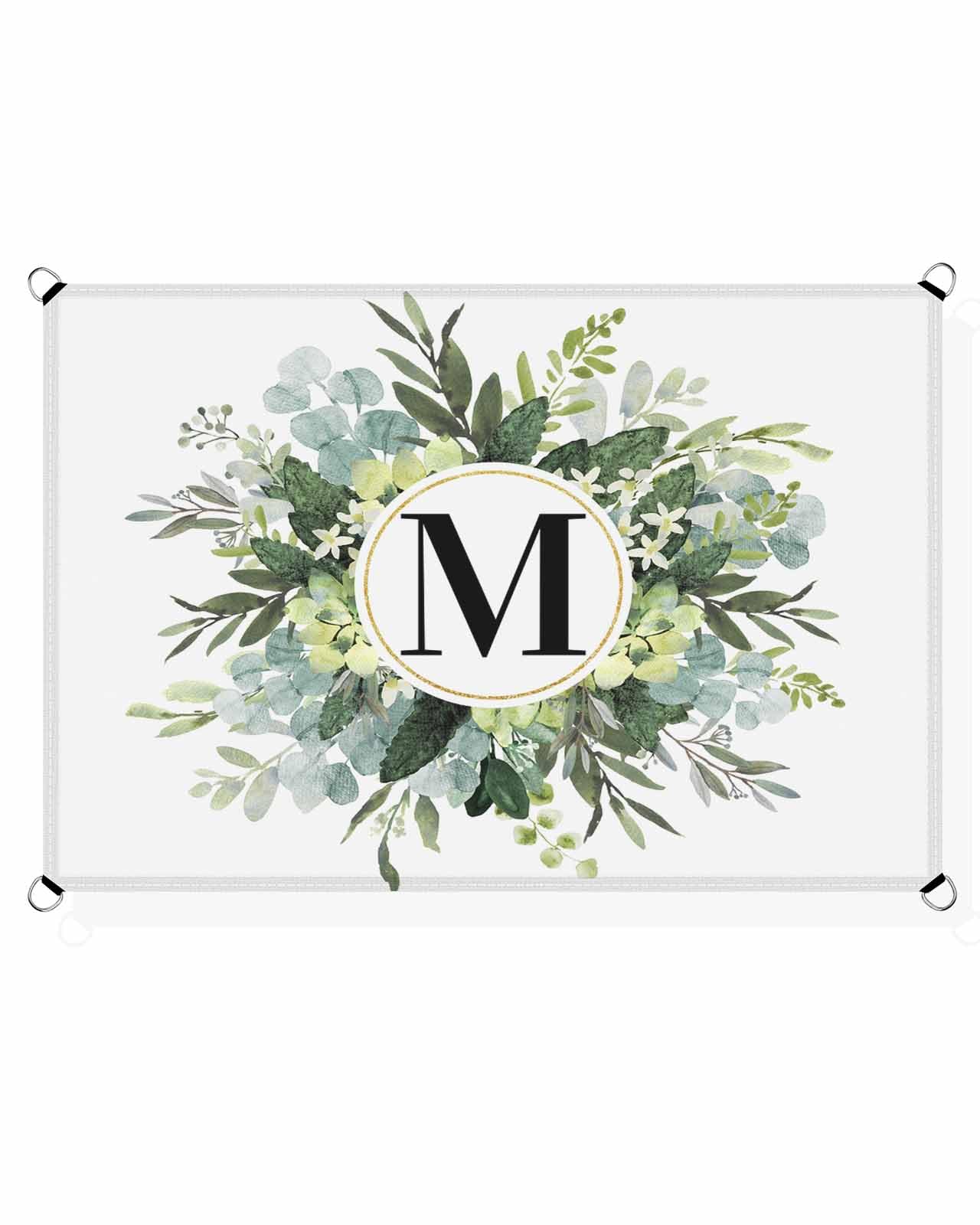 Boanket Sun Shade Sail 12' x 16', Eucalyptus Leaves Sun Blocking Shades Privacy Outdoor Covering, M Monogram Letter Watercolor Teal Botanical Shade Cloth for Patio Deck Garden Lawns Beach Backyard