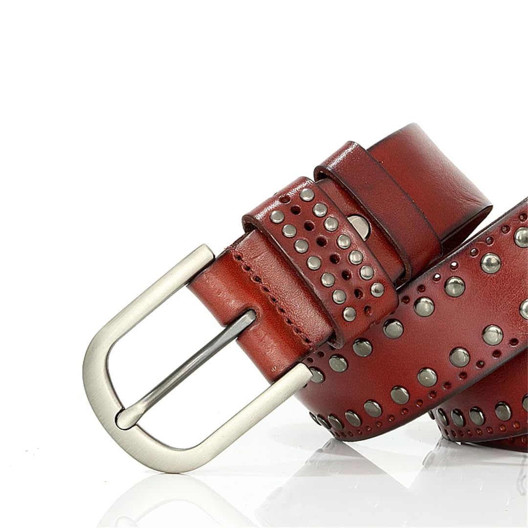 Cinturón de piel auténtica con remache punk para mujer, cinturón vintage de piel de vaca para jeans