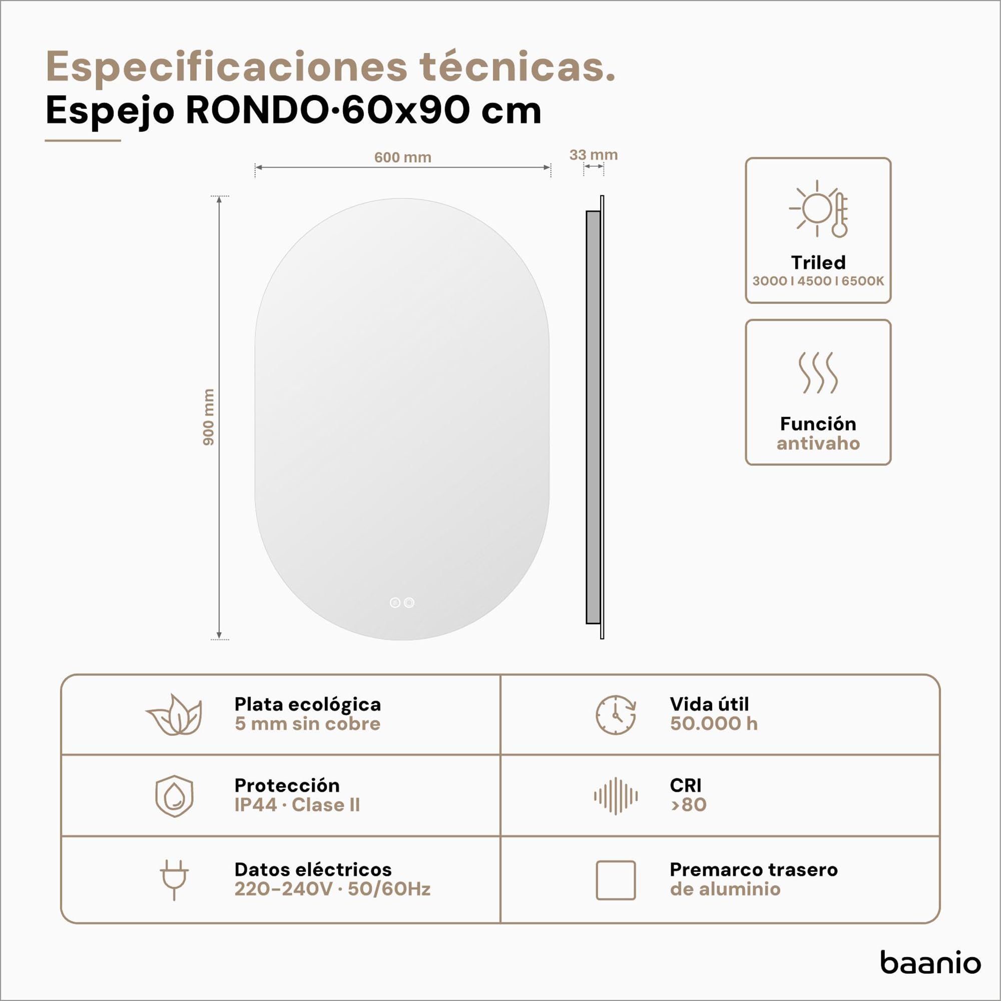 Rondo – Espejo Baño LED Ovalado 60x90 cm con Antivaho – Retroiluminado, Luz Regulable 3 Tonos, Interruptor Táctil, Montaje Vertical