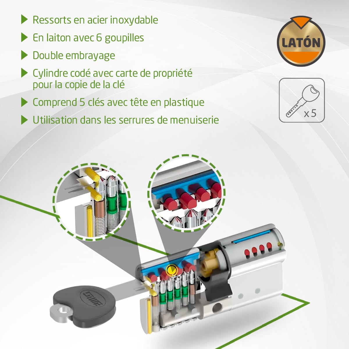 Amig - Cylindre Haute Sécurité | Système Anti-Chocs | Double Embrayage | Serrure Menuiserie Métallique | Compatible Interrupteur Extérieur, Laiton Mat, 70 mm (30-40), Métal