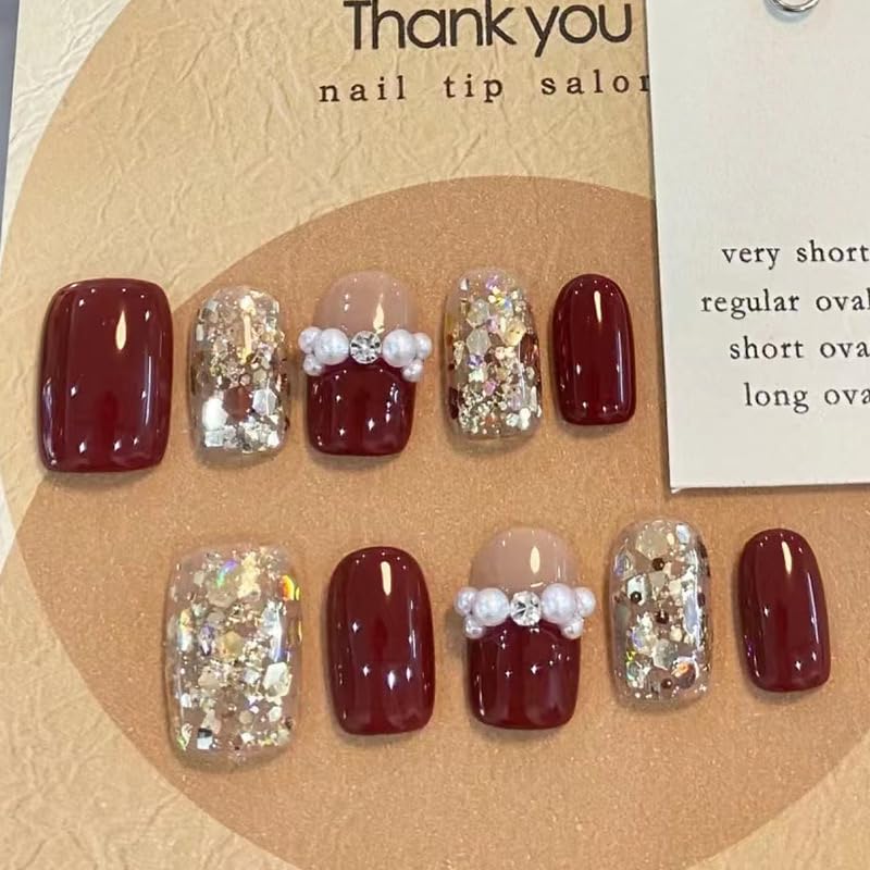 Vembley Set of 24 Artificial Reusable Nails in Golden With Maroon And Pearl With Glue-image-20