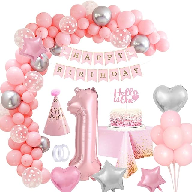 Pink Birthday Party Decorations for Girls, Happy Birthday Banner, Cake Topper, 40" Number Balloons, Baby Pink Party Tablecloth, Balloons for Girl 1st 2nd 3rd (1st)