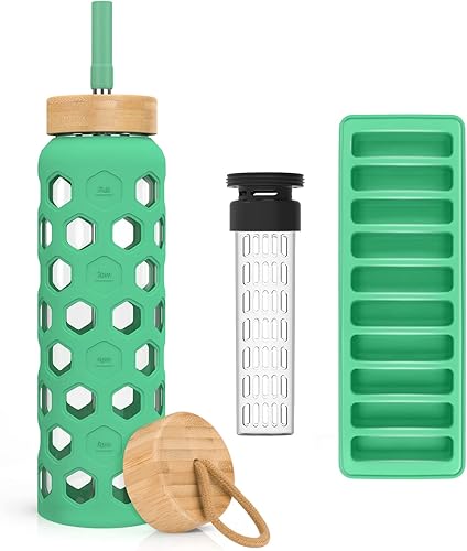 Tronco Botella de agua de vidrio de 42 onzas con popote y 2 tapas de bambú, tapa de rosca y tapa con popote, vaso de vidrio reutilizable sin BPA con