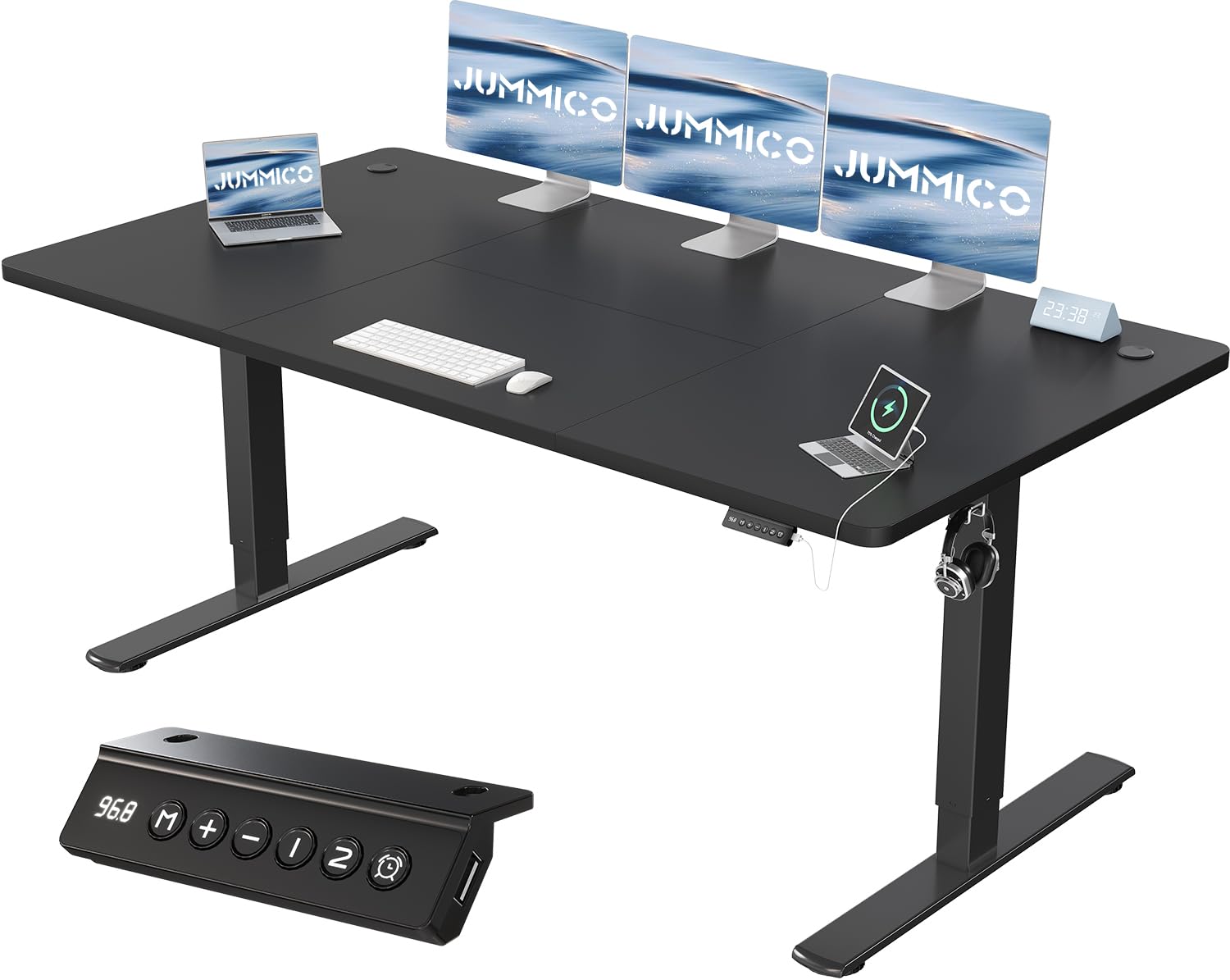 JUMMICO 180x80cm Electric Standing Desk with USB Charging Height Adjustable Desk with Sedentary Reminder Stand Up Desk with Splice Board for Home Office,Black