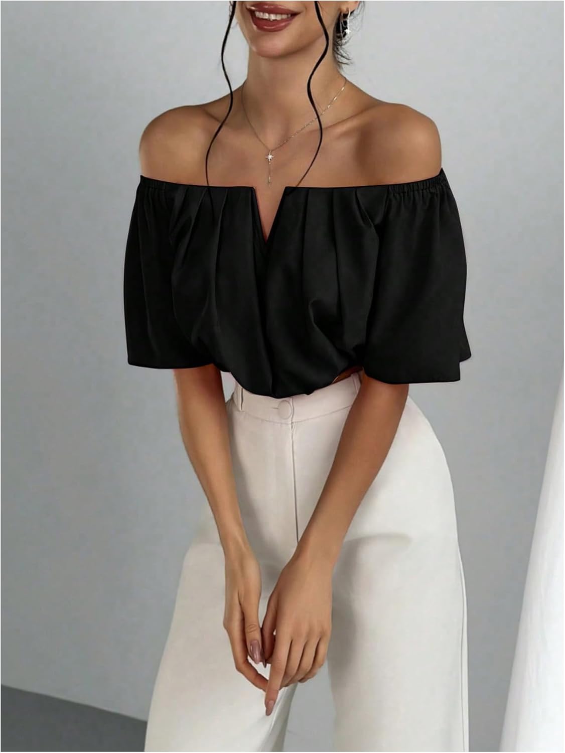 Floerns Women's Plus Size Elegant Blouse Tops Off Shoulder Half Sleeve Dressy Casual Crop Top - Image 4