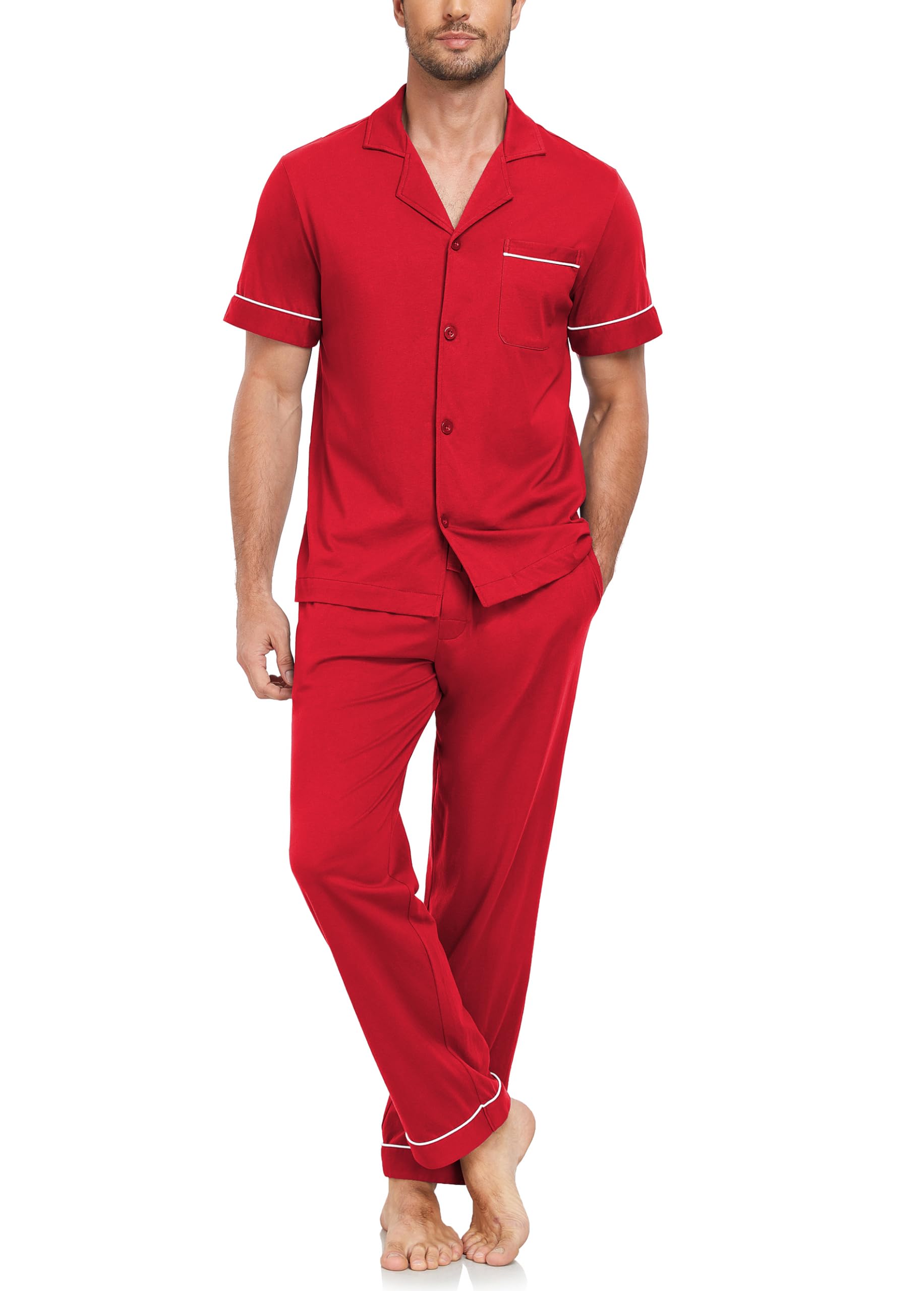 EA'S SECRET 100% Baumwolle Herren Schlafanzug Set Kurzarm & Langhose Loungeset Knopfverschluss Pyjama mit Taschen S-XXL