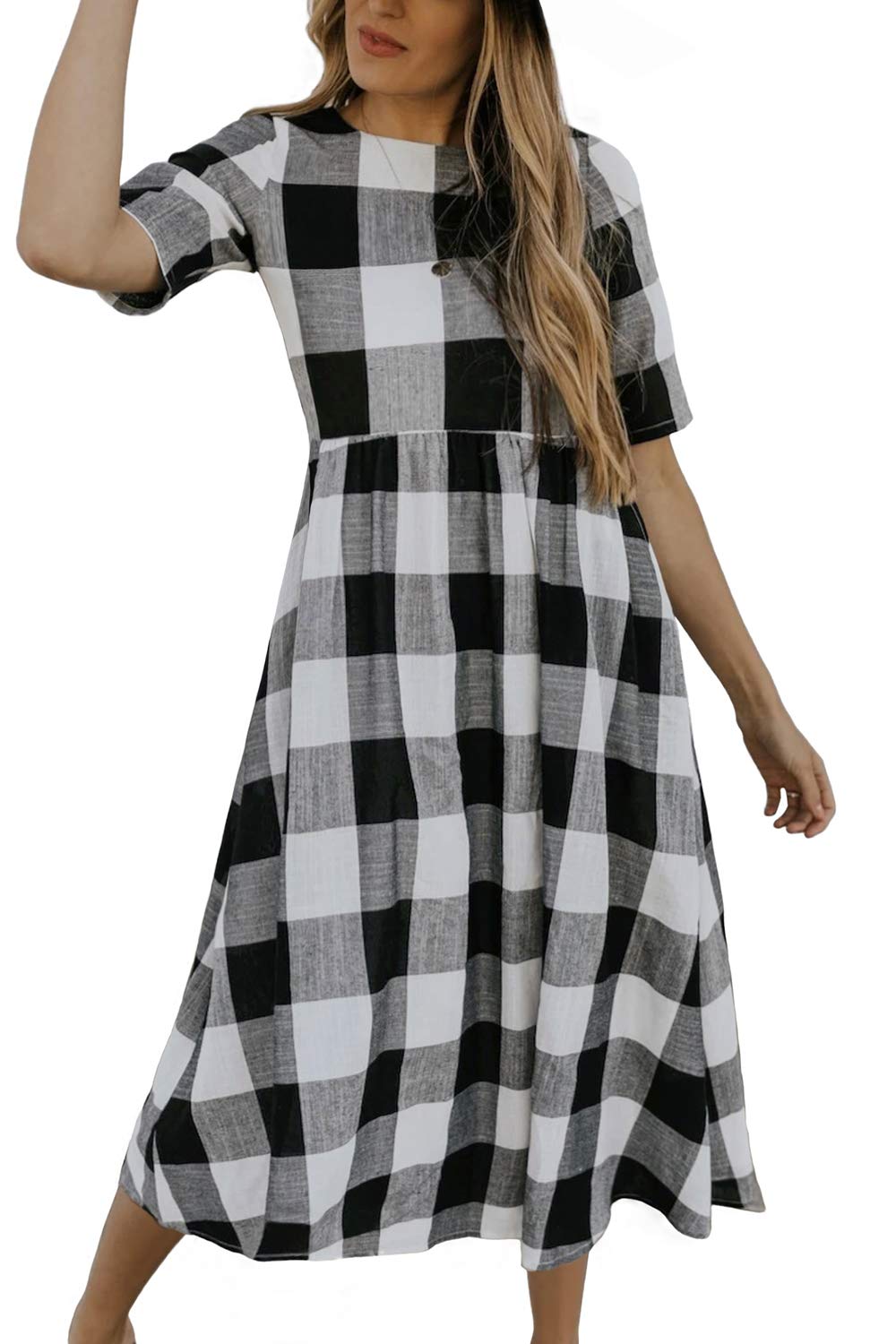 Women Round Neck Half Short Sleeve Buffalo Plaid Midi Dress with Pockets