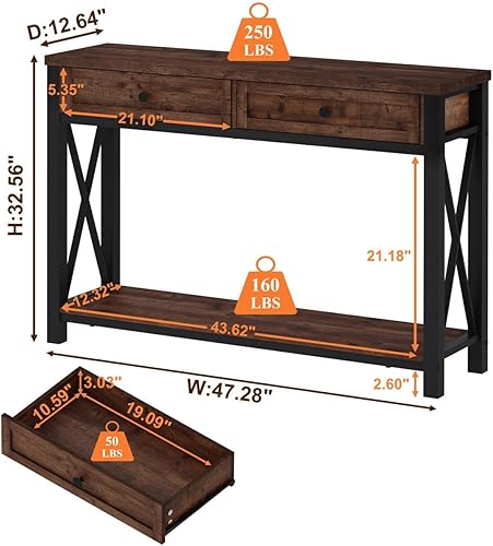 Miniatura 3 de BON AUGURE Mesa de sofá consola con cajón y estante de 5 niveles, madera rústica y marco de metal para sala de estar, entrada u oficina en casa