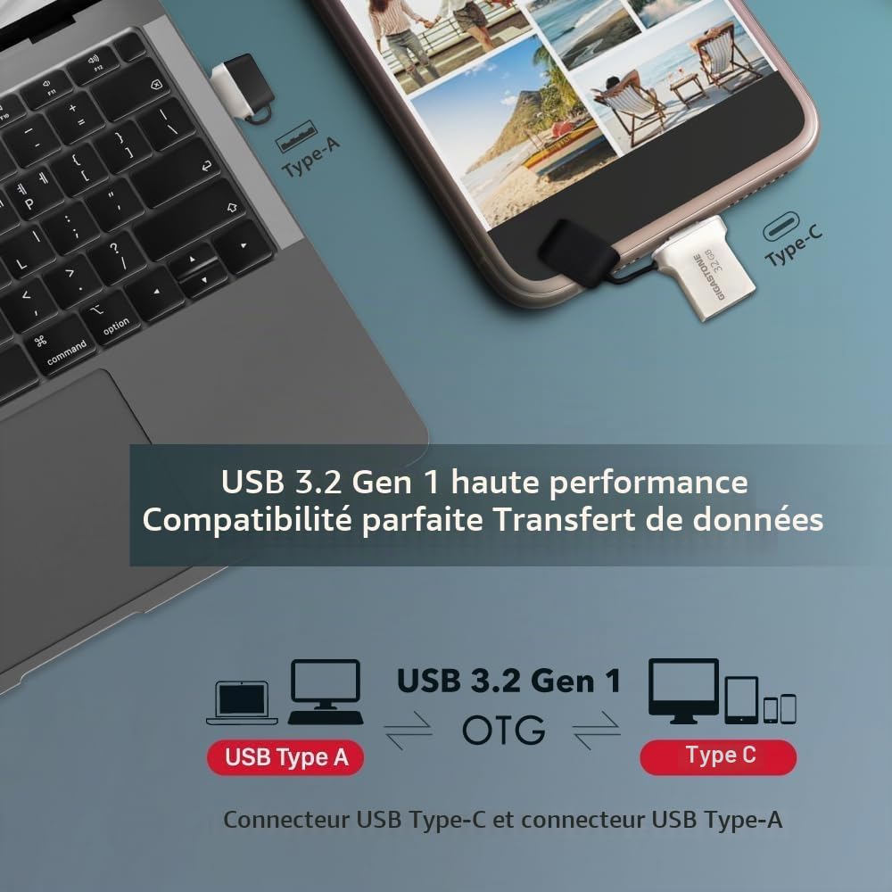 GIGASTONE 256Go Clé USB Nano Luxus Flash, Z50 USB 3.2 Gen 1, 2-en-1 Type-A & Type-C, 100Mo/s Ultra Rapide, Plug & Play pour Smartphone/PC/Mac/TV/Voiture, USB 2.0/3.0/3.1 Compatible