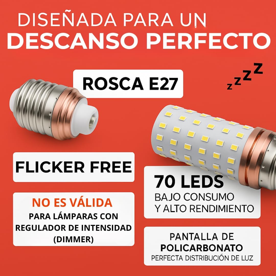 Puremind Luz Roja Nocturna Melatonina E27 - Bombilla Roja Terapia para Dormir - Tecnologa Flicker Free + 0% Luz Azul + Rosca Estndar + Mejora del Ritmo de Descanso