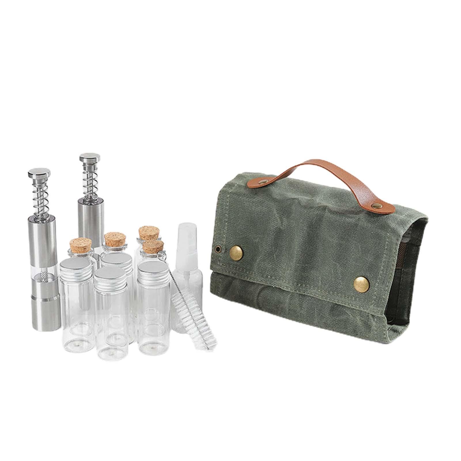 12 Teiliges Camping Gewürzset mit Gewürzbehältern, Aufbewahrungstasche Aus Canvas, 8 Glasbehältern, Pfeffermühlen Und 1 Ölspray für Angeln Und Grillen, GRÜN