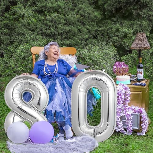 Image of Number Balloons Silver Party Balloon - Giant Number 80 Balloon, 40 Inch Large Balloon for 80th Birthday Decorations, Silver Party Supplies for Anniversary