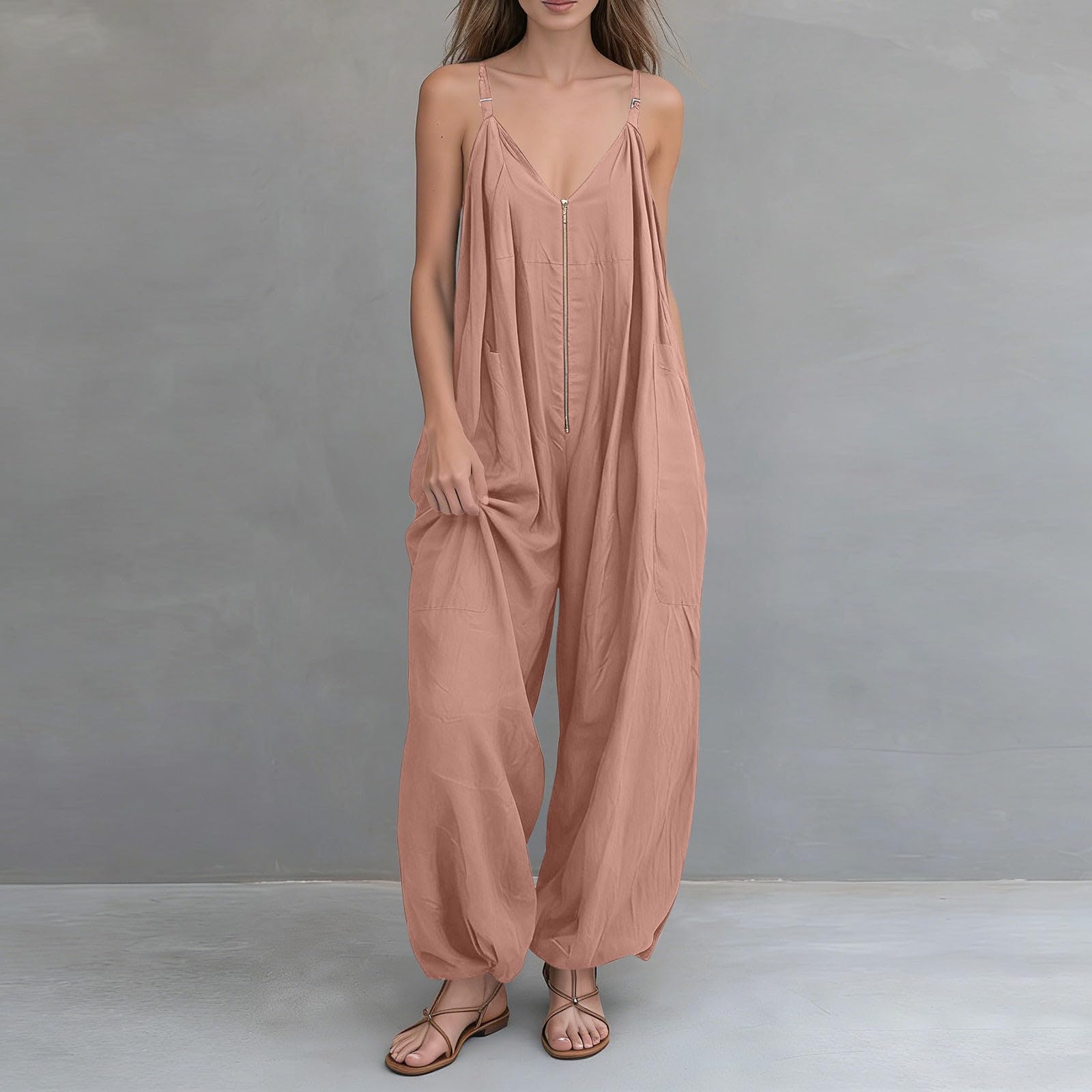 Monos Largo de Cuello en V con Media Cremallera para Mujer Sueltos Casual Overol de Pinerna Ancha con Bolsillos Cómodo Mameluco Sin Mangas Baggy Jumpsuit Playa