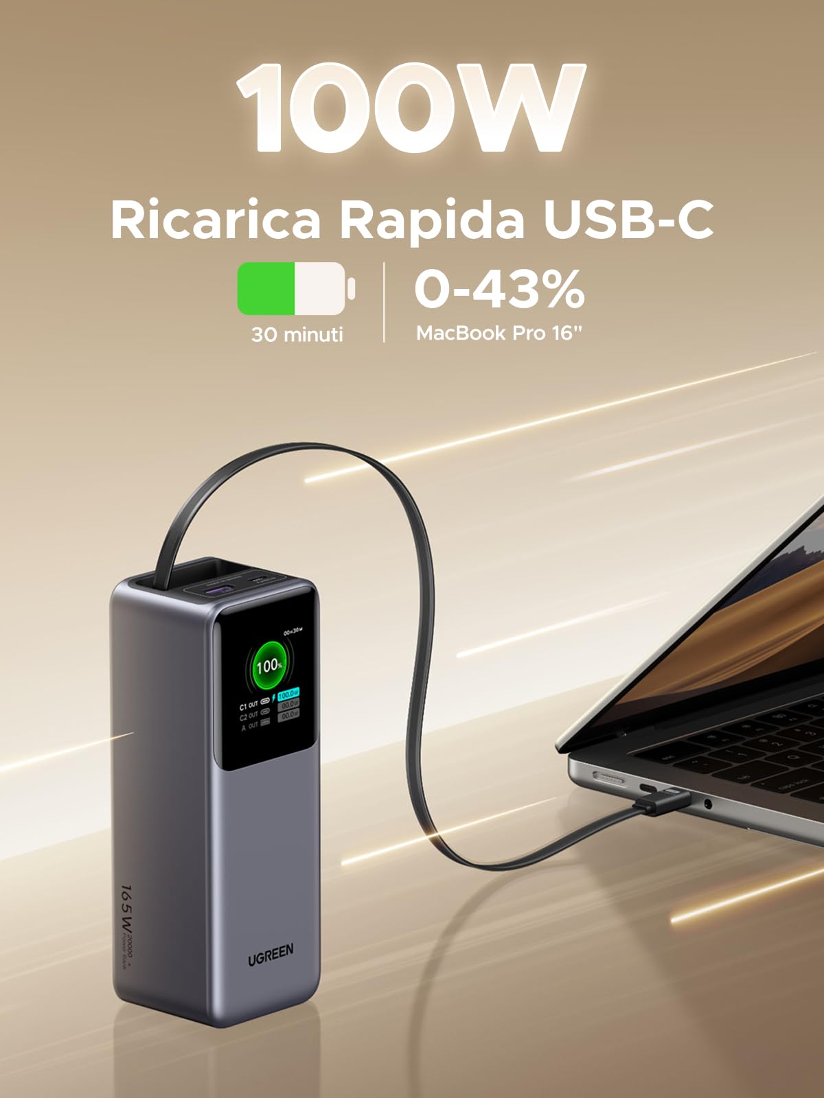 UGREEN Nexode Power Bank 20000mAh con Cavo Retrattile, Batteria Portabile Ricarica Rapida 165W Compatibile con iPhone serie 16/15, Galaxy S20, MacBook, laptop Dell etc