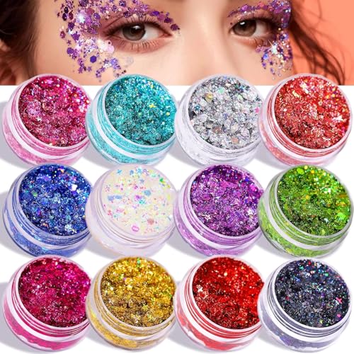 La Mejor Recopilación de Purpurina los más solicitados. 49 Gel de Purpurina para Cuerpo y Rostro, 12 Colores Brillo Lentejuelas Sirena, Maquillaje en Gel con Purpurina para Labios, Cabello, Ojos, Maquillaje de Festival y Decoración...