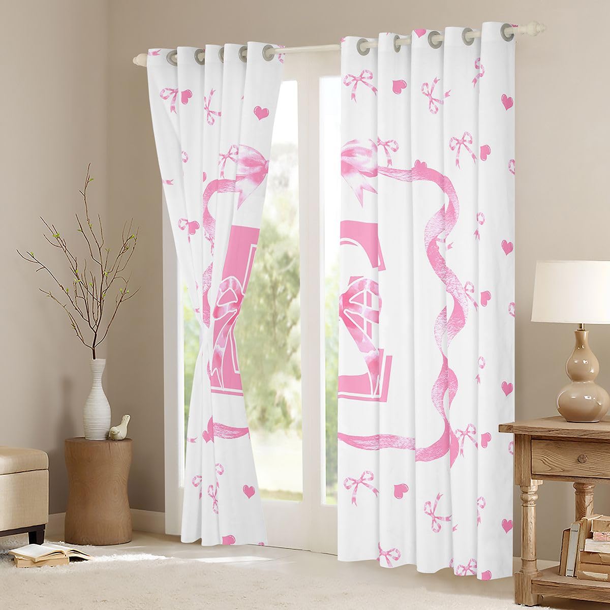Homewish Różowy inicjał E kokarda zasłony okienne 117 x 137 cm, 2 zestawy paneli - spersonalizowane różowe kokardki zasłony zaciemniające urocza kawaii muszka zasłony okienne kokardka do