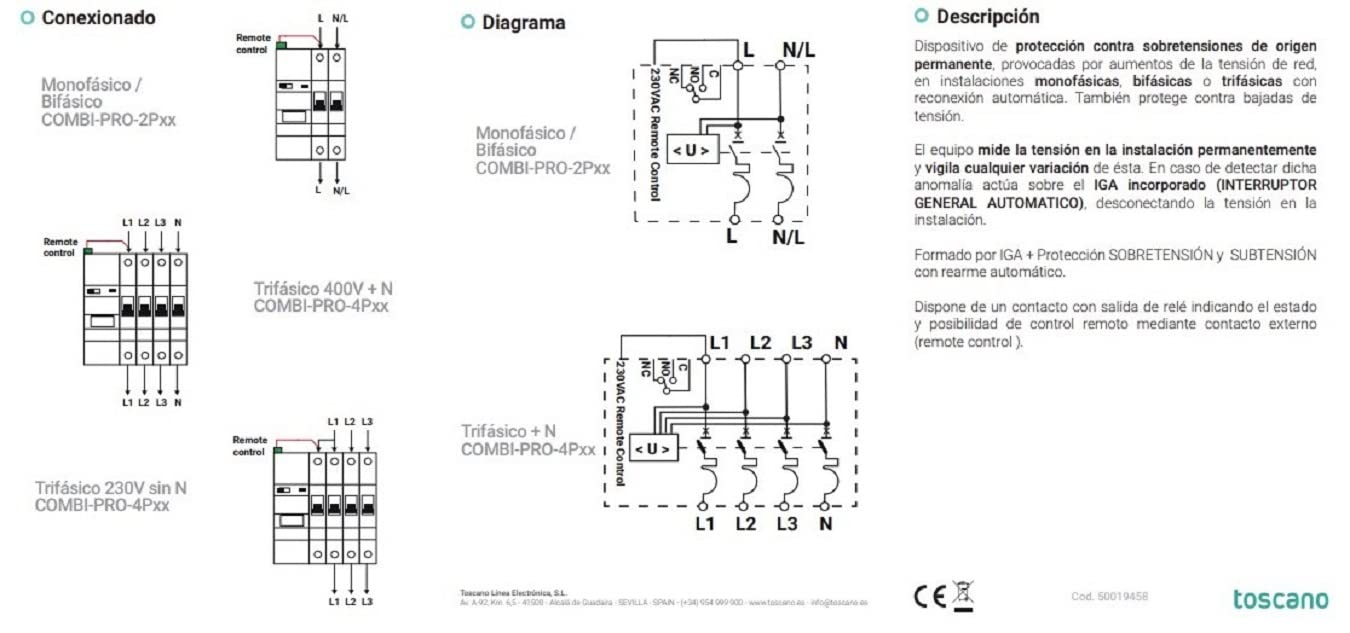Rasmacor | Toscano 10002881 COMBI-PRO-2P40 | Protector contra sobretensiones permanentes y subtensión Rearme Automático | Para líneas monofásicas y bifásicas | 240VAC 6kA MCB 2X40A