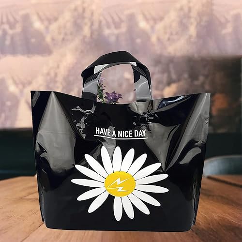 Miniatura 3 de 50 bolsas de plástico para mercancías de 9.8 x 11.8 pulgadas, bolsas de compras al por menor con asas, margarita negra (más patrones disponibles)