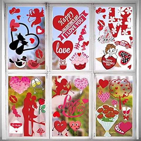 Valentine's Day Window Clings-80 Pieces Static Window Sticker Heart Decal Party Ornaments Supplies 8 Sheets Removable Window Sticker Decals for Valentines Party, Wedding, Anniversary Decorations Cover
