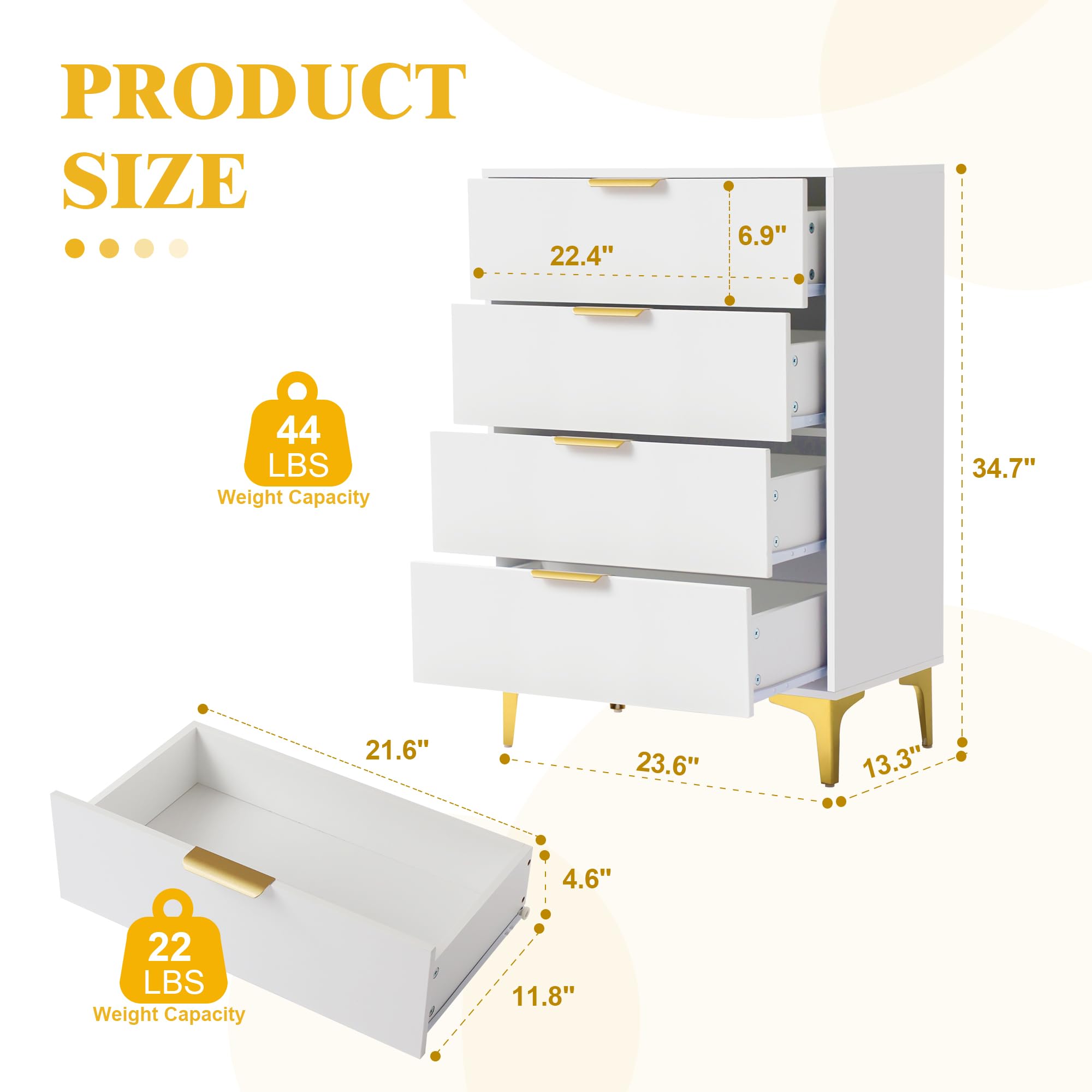 YOCONYO 4 Drawer Dressers for Bedroom, Wood Dresser with Golden Handles, Storage Chest Cabinet Organizer Unit, Chest of Drawers for Living Room, Closet, Hallway, White