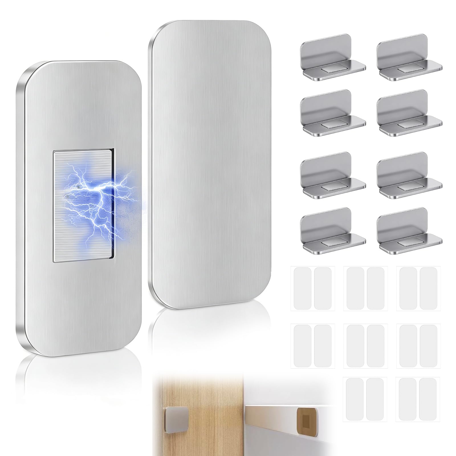 8 Sets Magnetic Door Catches Door Stop, Stick on Magnets Self Adhesive, Punch-Free Stainless Steel, Doo Catches for Internal Doors, Ultra Thin Drawer Magnets, Quiet Invisible Cupboard Magnet (Silver)