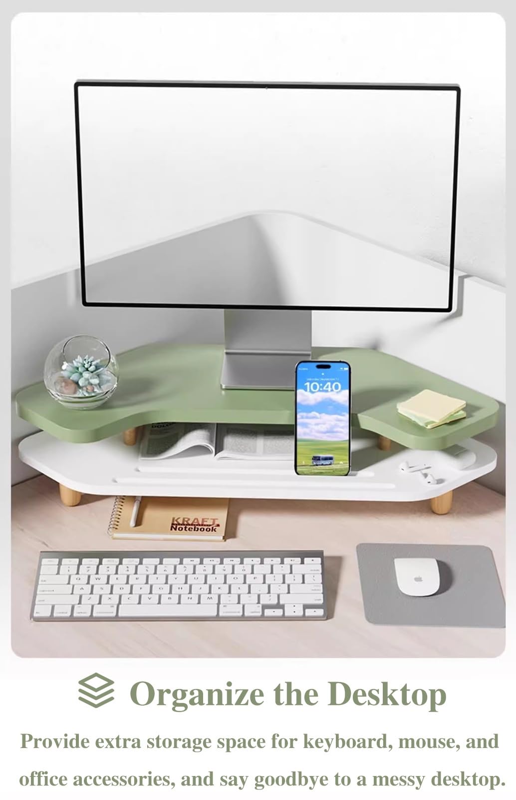 Stojak na Monitor 2-poziomowy Narożny Stojak na Komputer do Monitora Stacjonarnego, Szuflada Organizer na Biurko Półki do Płaskiego Ekranu Lcd Led Tv, Trójkątny Stojak na Biurko(Green)