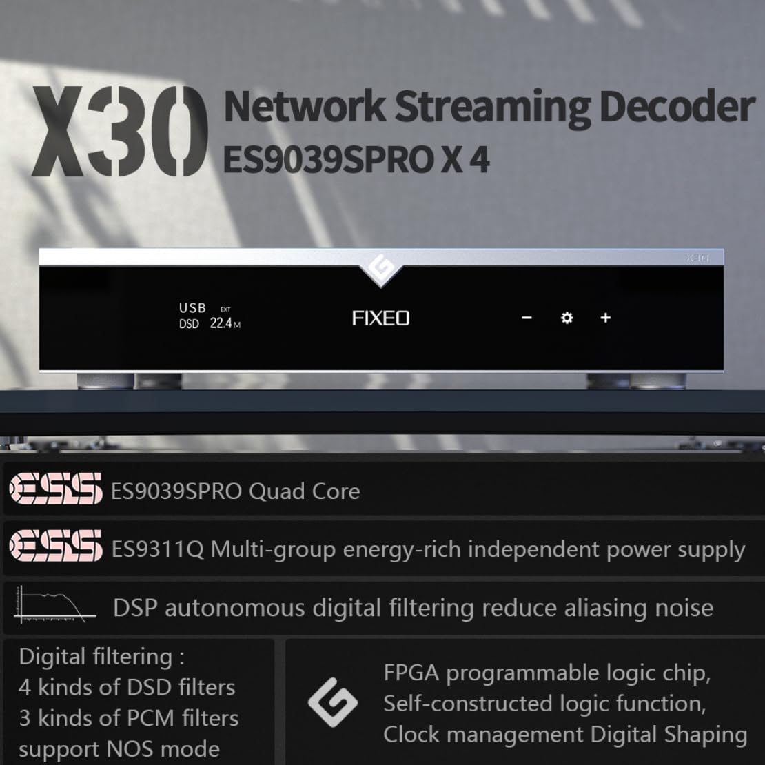 GUSTARD DAC-X30 DAC Streamer Di Rete HiFi Con 4 Chip ES9039SPRO, Ingresso USB/LAN, Uscita Bilanciata XLR, Nero