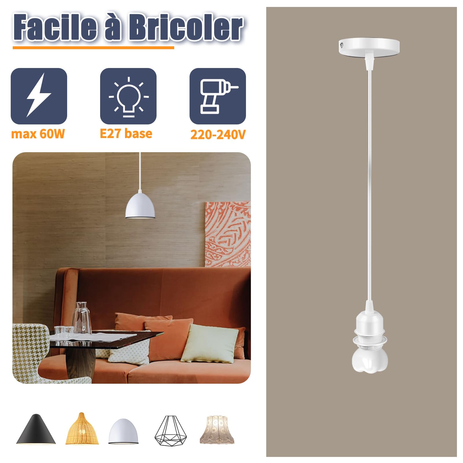 Seruno E27 Métal Suspension Luminaire avec Plafond, Douille E27, Suspensions D'éclairage Intérieur, Support Douille Ampoule et Câble de 100cm pour Suspension Cuisine, Salon et Chambre,Bronze