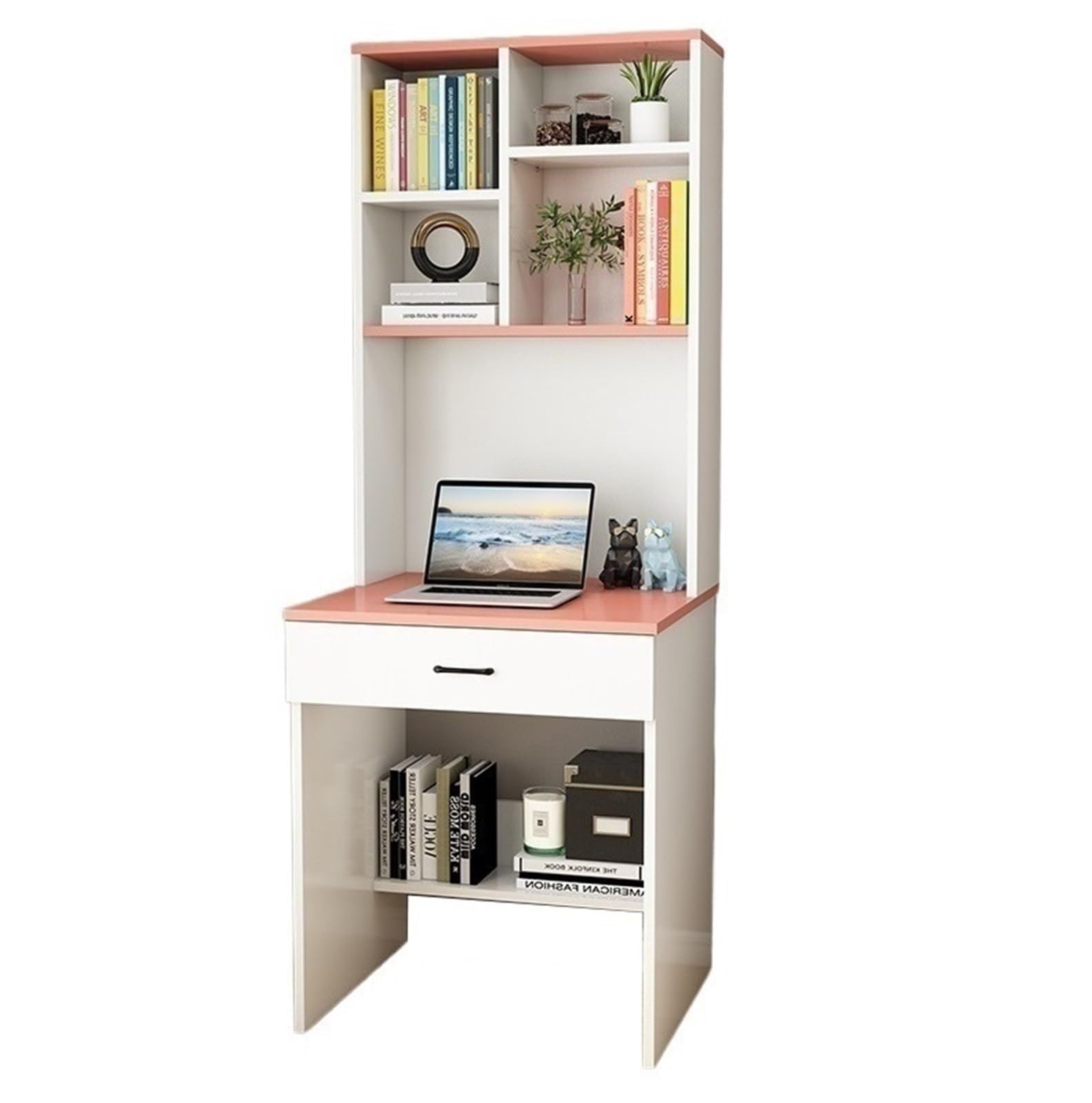Bibliothèque de Bureau en Bois Massif, Table intégrée, Bureau, Maison, Chambre à Coucher, étude (Couleur Rose, 70x50x182,5 cm)
