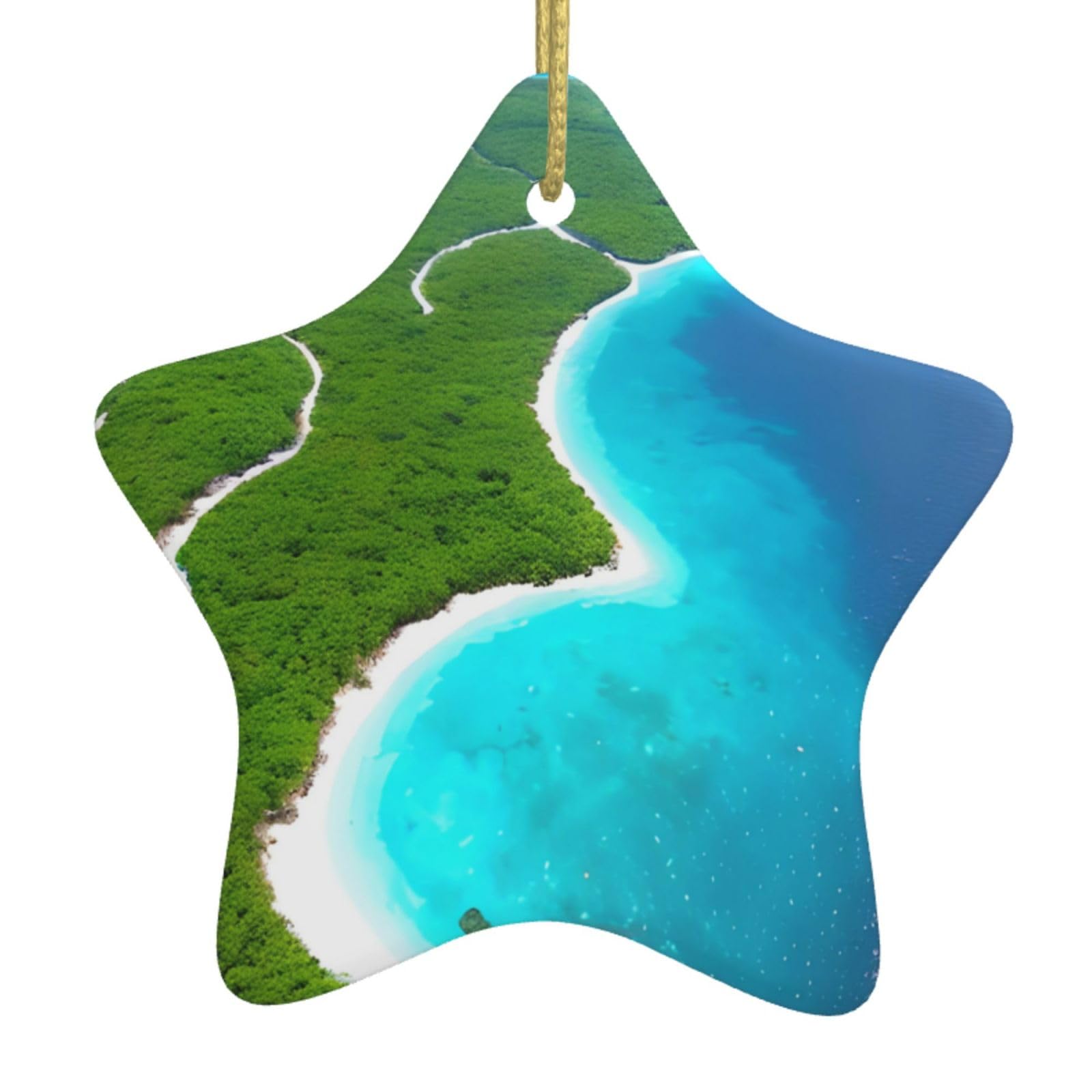 an Island in The Ocean Christmas Ceramic Star Pendant with Punched Holes and Gold Wire Rope, Christmas Tree Home Decoration