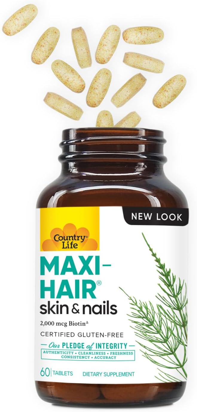 Country Life Maxi-Hair Supplement - 2000mcg Biotin & Vitamins for Hair, Skin & Nails - Certified Gluten-Free & Vegetarian - Supports Hair Growth, 60 Tablets - Image 2