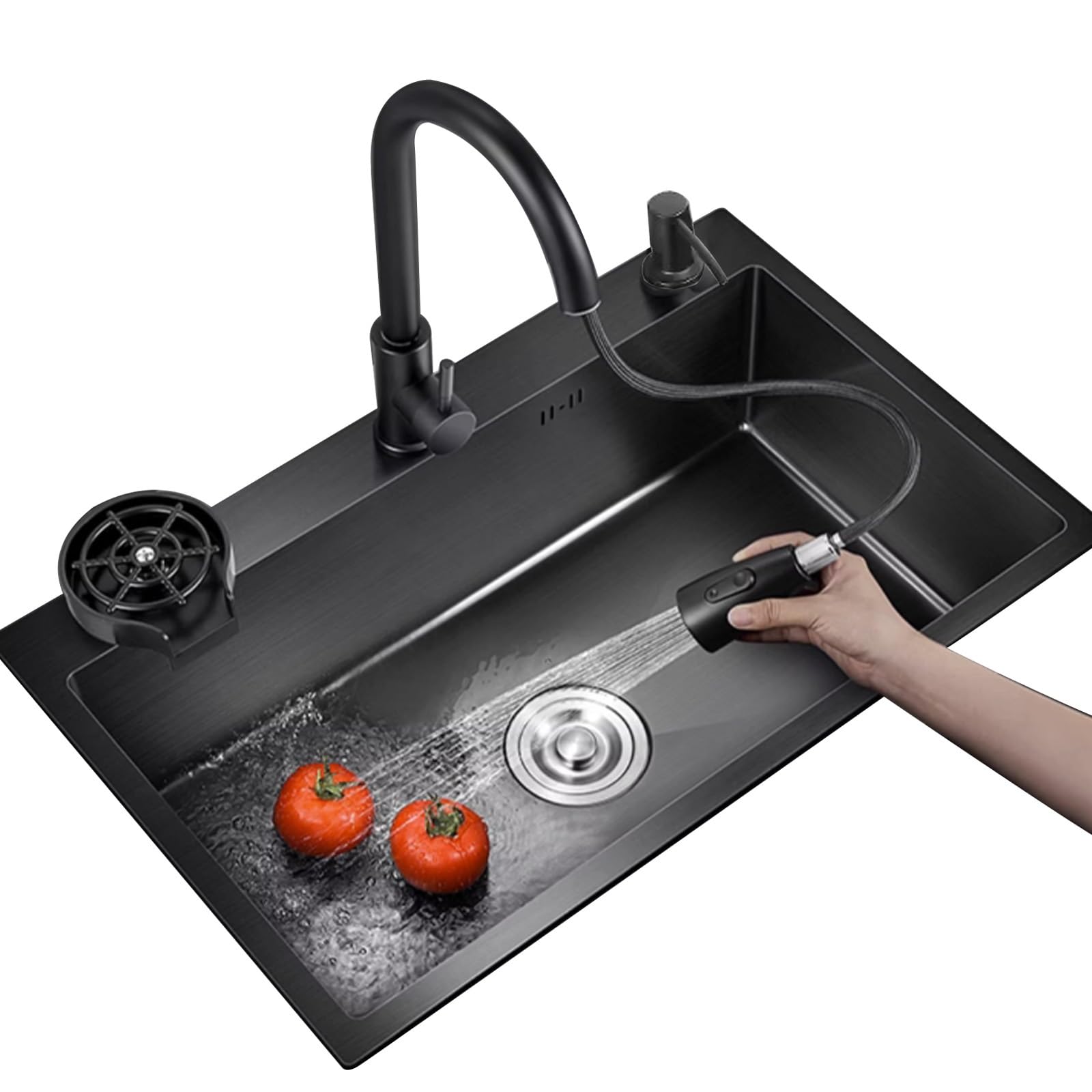 ZQFHSX Black Stainless Steel Single Bowl Sink with Pullout Faucet Includes Glass Washer & Accessories - Perfect for Kitchen Renovations (50x45x20cm)