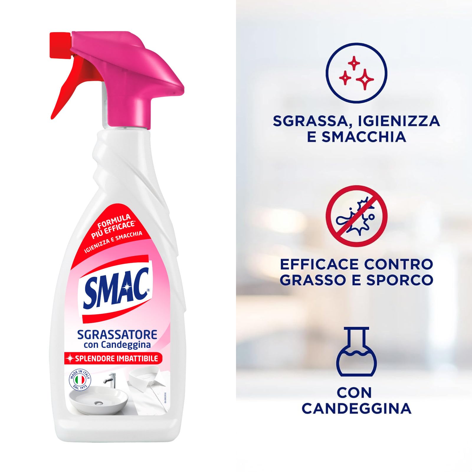 Smac Express Sgrassatore con Candeggina, Detergente Spray con Azione Sgrassante e Igienizzante - 4 flaconi da 650 ml
