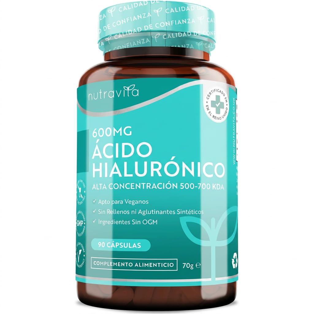 Nutravita Cápsulas de ácido hialurónico - Suministro de 3 meses de cápsulas de ácido hialurónico de 600 mg - Dosis alta con 500-700 KDA - Sin OGM sin rellenos ni aglutinantes sintéticos