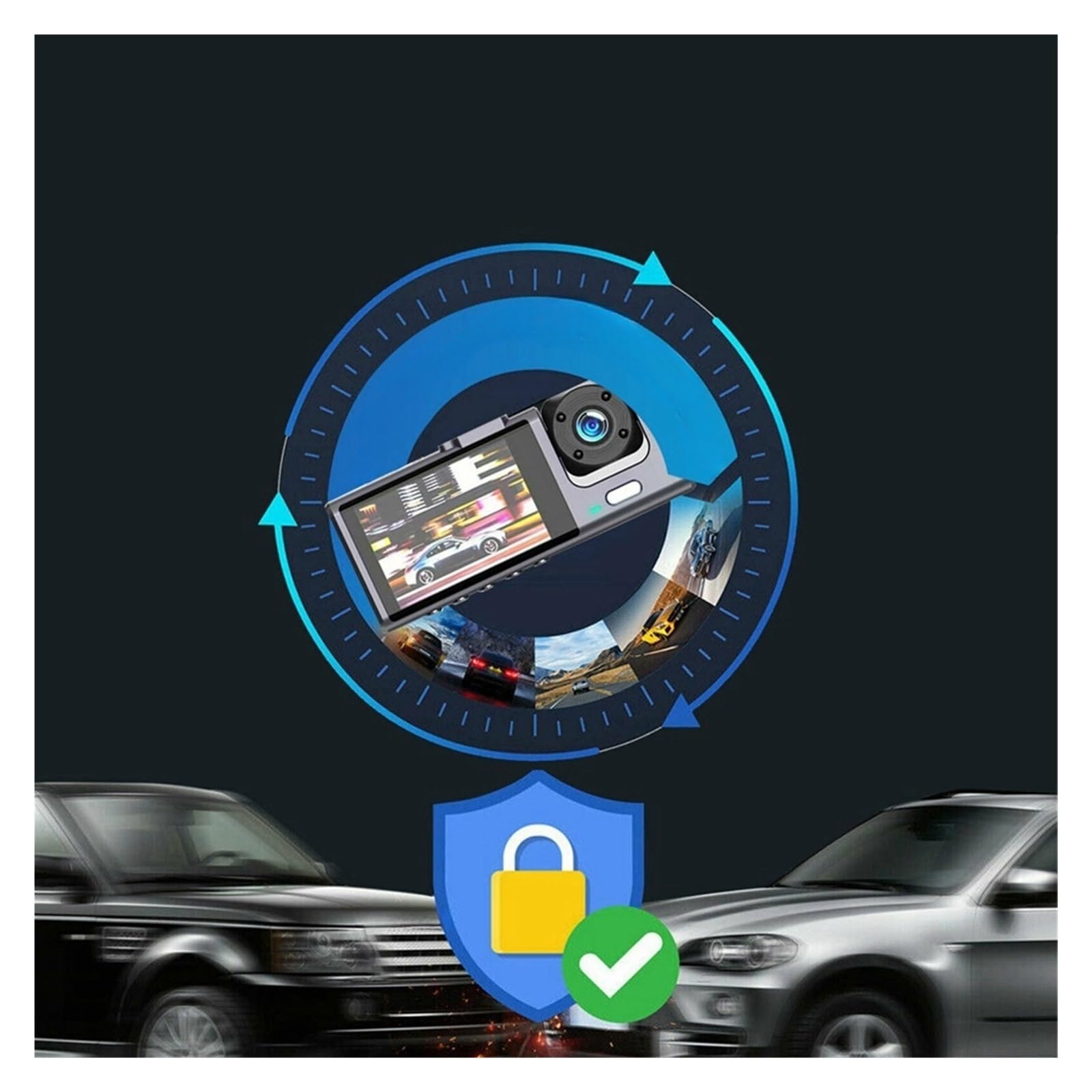 Dash Cam ABS Auto con 3 obiettivi, schermo da 2 pollici, fotocamera ricaricabile alimentata a batteria