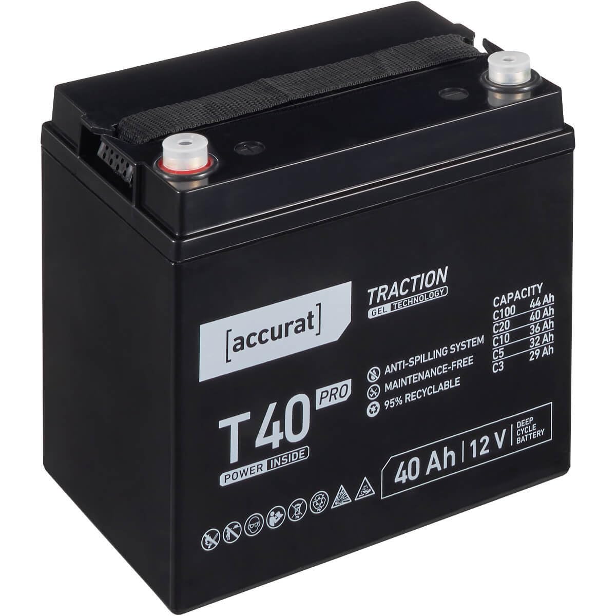 Accurat Traction T40 Pro VRLA Bleibatterie - 12V, 40Ah, +30% Startleistung, wartungsfreie, zyklenfest- Gel Batterie, USV Batterie, Versorgungsbatterie, Solarbatterie, Bleiakku für Camping, Wohnwagen