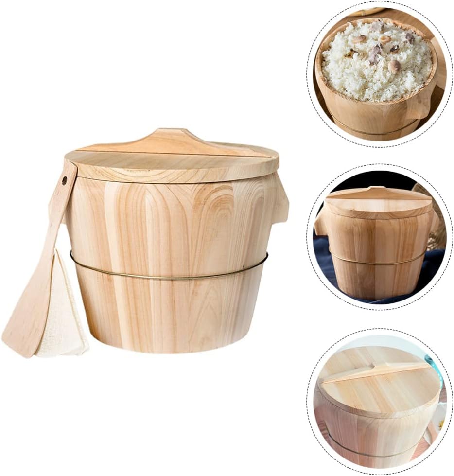 jojofuny Wooden Rice Steamer Bucket 8.26X6.49X6.49 Inch Natural Chinese Material Handmade Steamed Rice Barrel with Iron Handles Removable Bottom for Even Cooking and Easy Cleaning