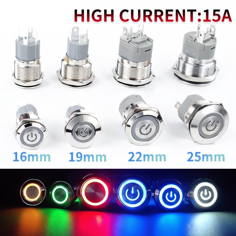 15A 16/19/22/25mm Waterproof Metal Push Button Switch LED Light Momentary Latching Car Engine Power Switch 3~220V silver1NO(16_Locking_220V)