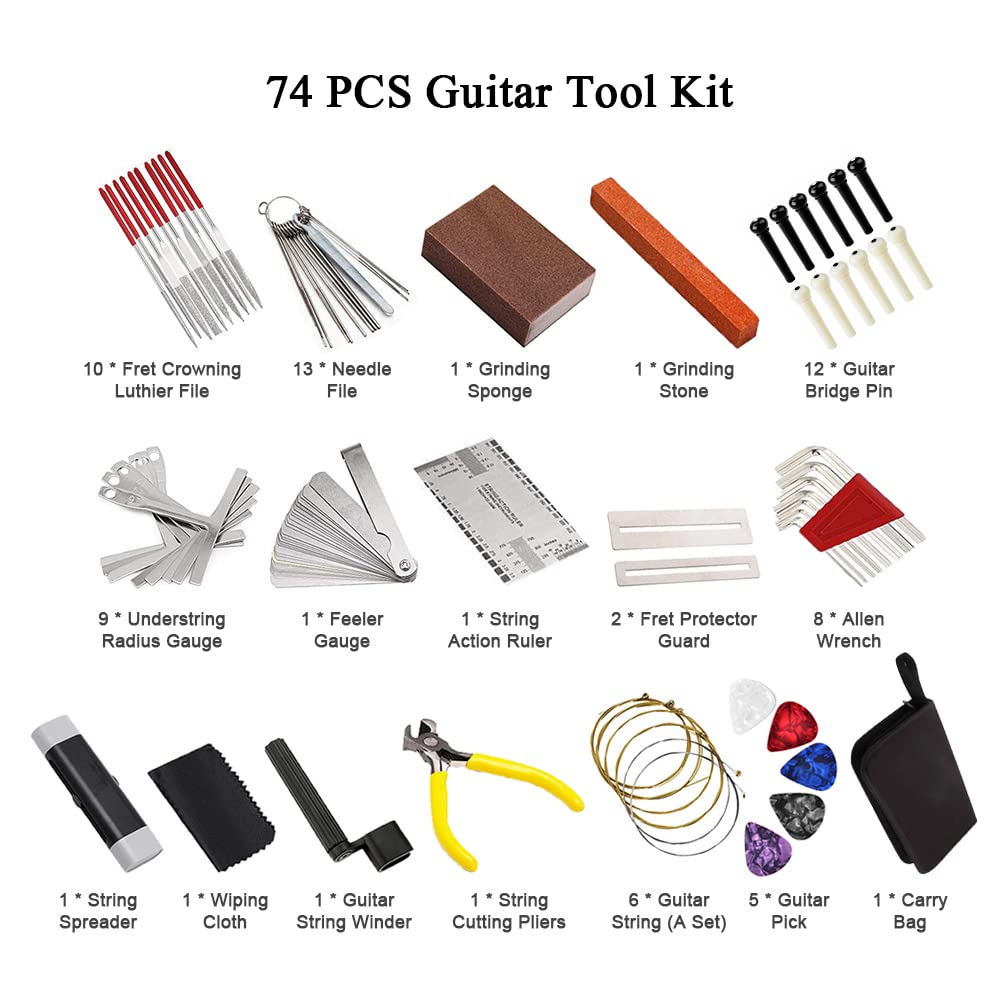 Kit Outils Luthier 74 Pièces Pour Guitare - Sac Transport, Cordes, Médiators, Limes, Clés Allen, Entretien Complet