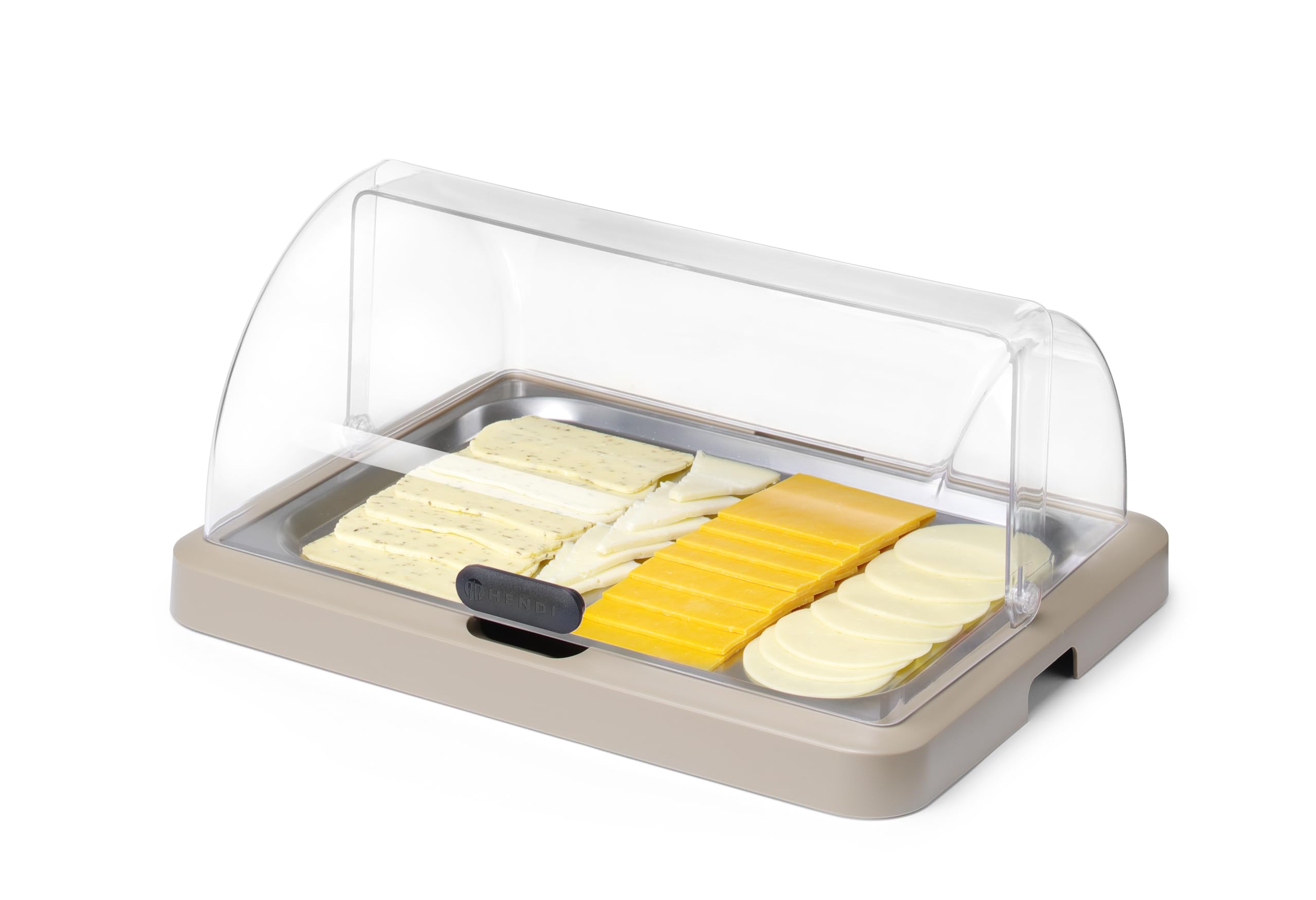 HENDI Espositore buffet refrigerante UNIQ 1 ripiano, Beige | Base e coperchio scorrevole roll-top in ABS, vassoio in acciaio inox, accumulatori di freddo, 460x355x(H)220mm