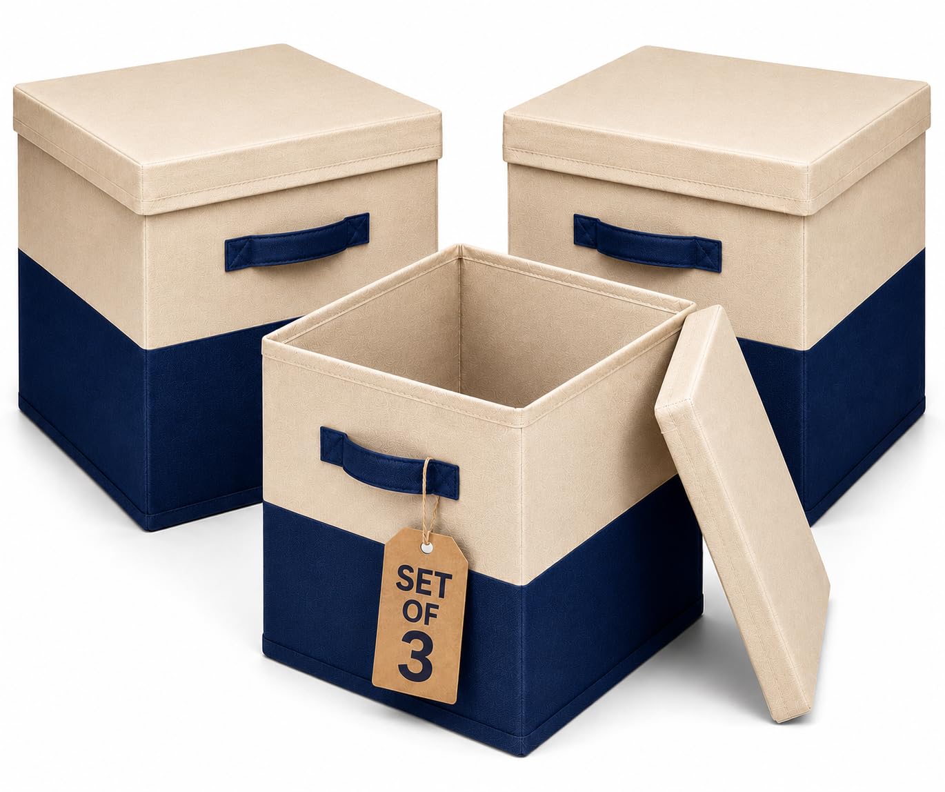 A406 Set of 3 Storage Boxes with Lids, Foldable Fabric Cube Storage Bins with Handles, Storage Basket Organiser for Kallax Shelving Units, Toy Clothes Book Storage Boxes (Beige/Navy, 30x30x30cm)