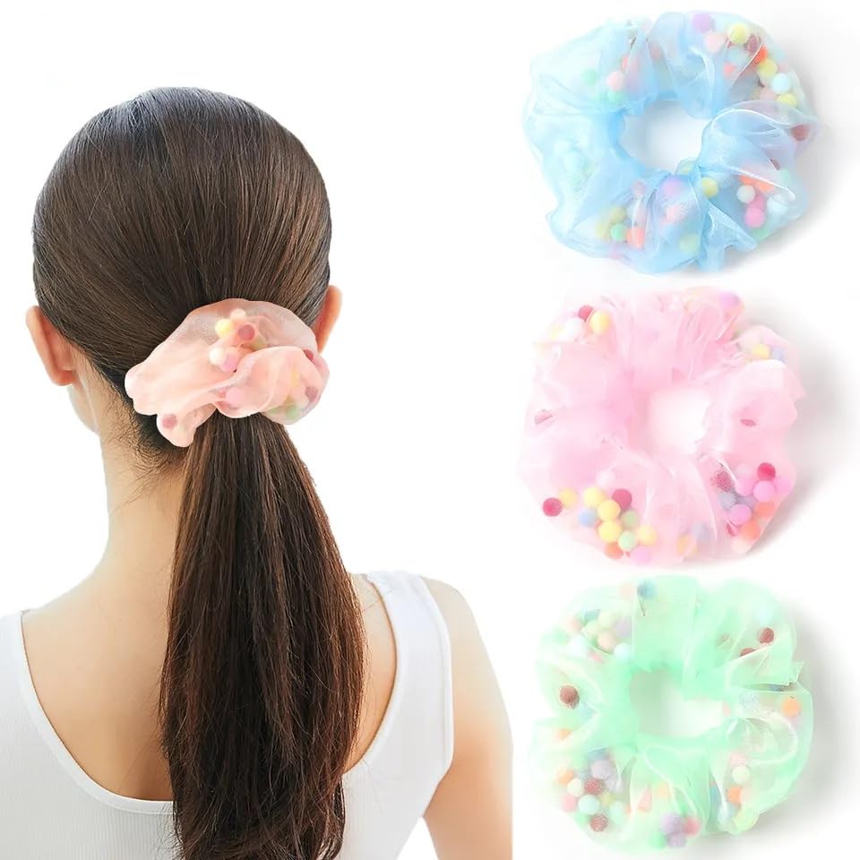 Navjai Trendy Multicolor Organza Mesh Net Pom Pom Balls Filled Scrunchies for Girls & Women Chiffon Elastic Headwear Ponytail Holder Soft and Comfortable Rubber band Pack of 2 (B0CDS3LL3X) Amazon Price History, Amazon Price Tracker